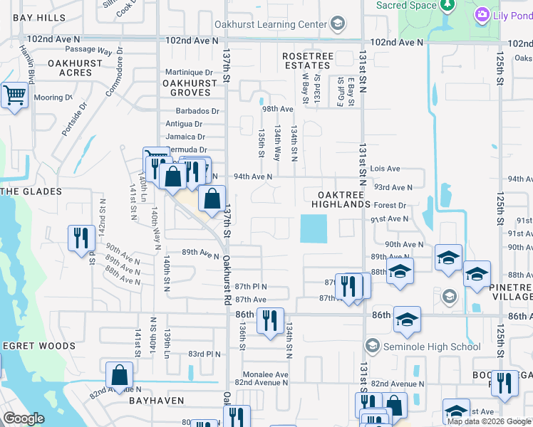 map of restaurants, bars, coffee shops, grocery stores, and more near 13523 91st Avenue North in Seminole