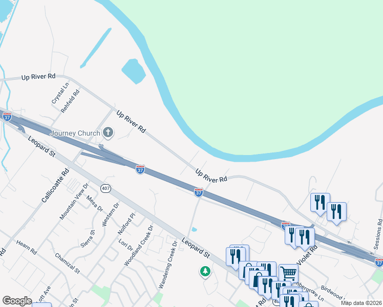 map of restaurants, bars, coffee shops, grocery stores, and more near 11806 Up River Road in Corpus Christi