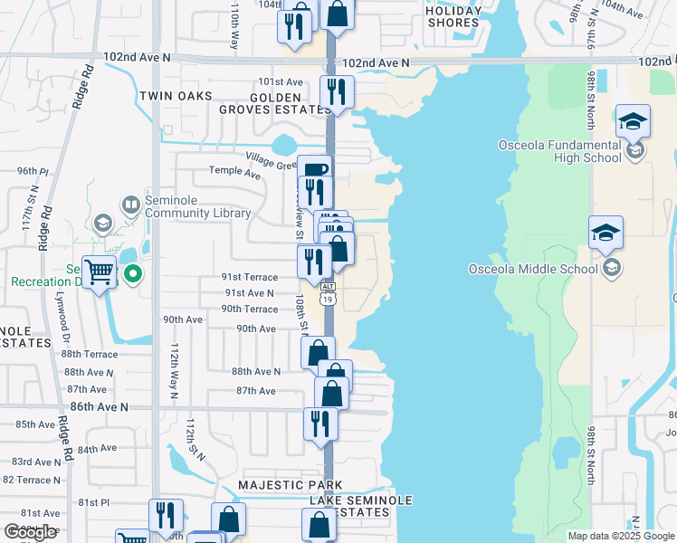 map of restaurants, bars, coffee shops, grocery stores, and more near 9277 Seminole Boulevard in Seminole