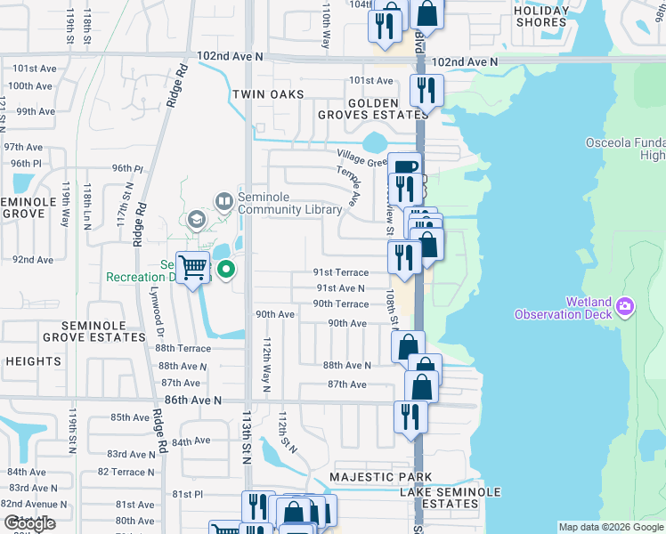 map of restaurants, bars, coffee shops, grocery stores, and more near 10997 91st Terrace in Seminole
