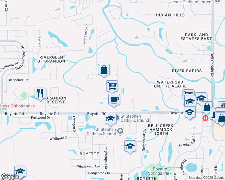 map of restaurants, bars, coffee shops, grocery stores, and more near 9808 Carr Road in Riverview