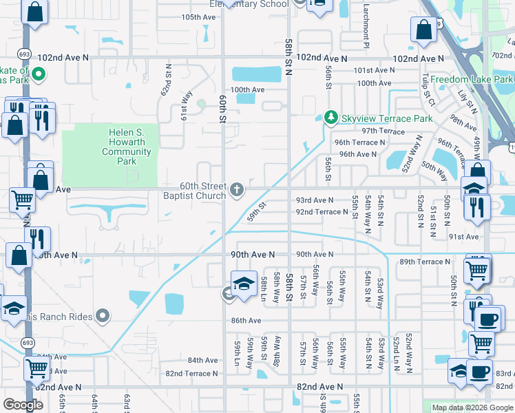 map of restaurants, bars, coffee shops, grocery stores, and more near 9260 59th Street in Pinellas Park