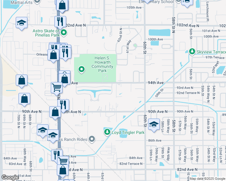 map of restaurants, bars, coffee shops, grocery stores, and more near 3406 92nd Place North in Pinellas Park