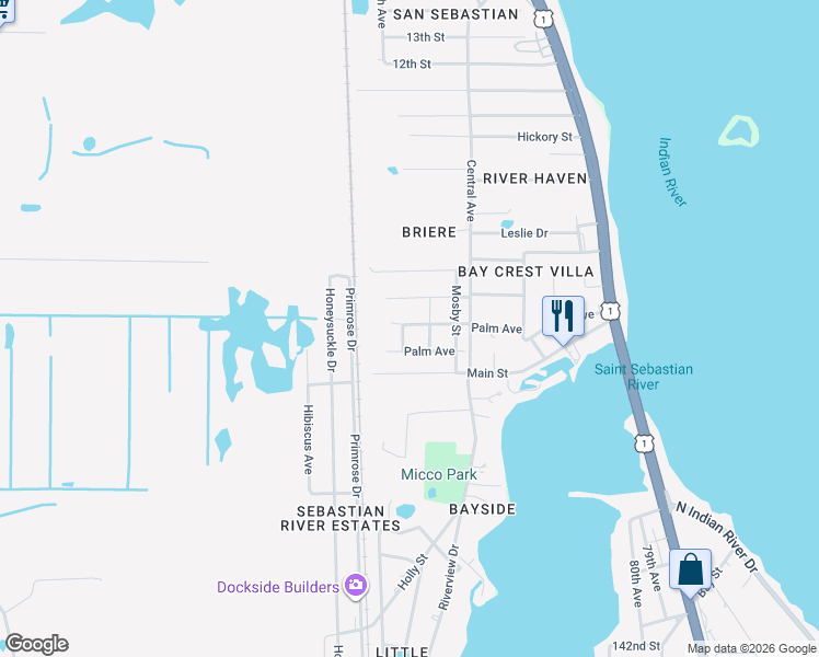map of restaurants, bars, coffee shops, grocery stores, and more near 3700 Church Street in Sebastian
