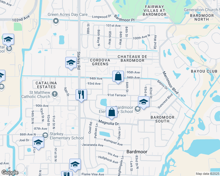 map of restaurants, bars, coffee shops, grocery stores, and more near 8599 92nd Terrace in Seminole