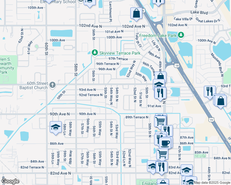 map of restaurants, bars, coffee shops, grocery stores, and more near 9280 54th Street North in Pinellas Park