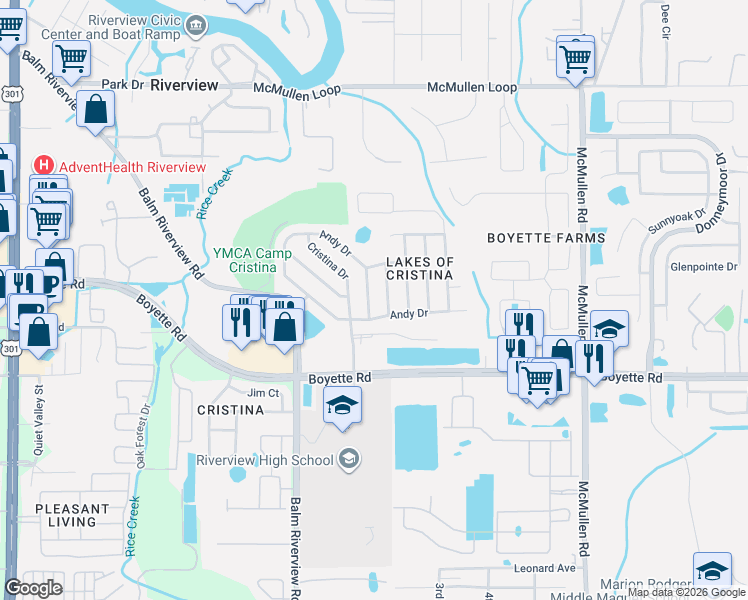 map of restaurants, bars, coffee shops, grocery stores, and more near 9813 La Rita Place in Riverview