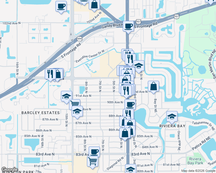 map of restaurants, bars, coffee shops, grocery stores, and more near 9230 5th Street North in St. Petersburg