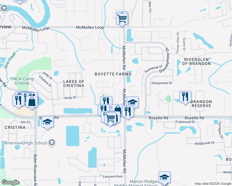 map of restaurants, bars, coffee shops, grocery stores, and more near 9825 White Barn Way in Riverview