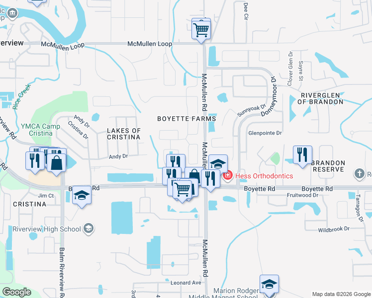 map of restaurants, bars, coffee shops, grocery stores, and more near 9825 White Barn Way in Riverview