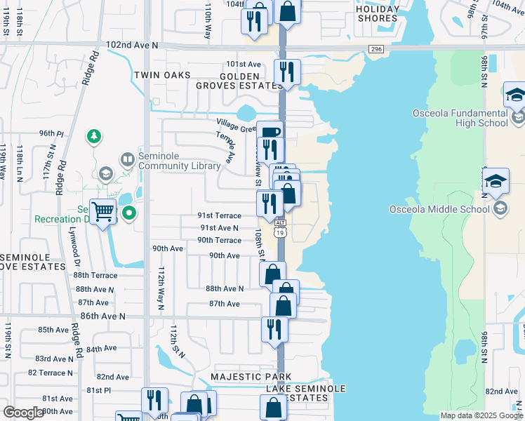 map of restaurants, bars, coffee shops, grocery stores, and more near 9219 108th Street North in Seminole