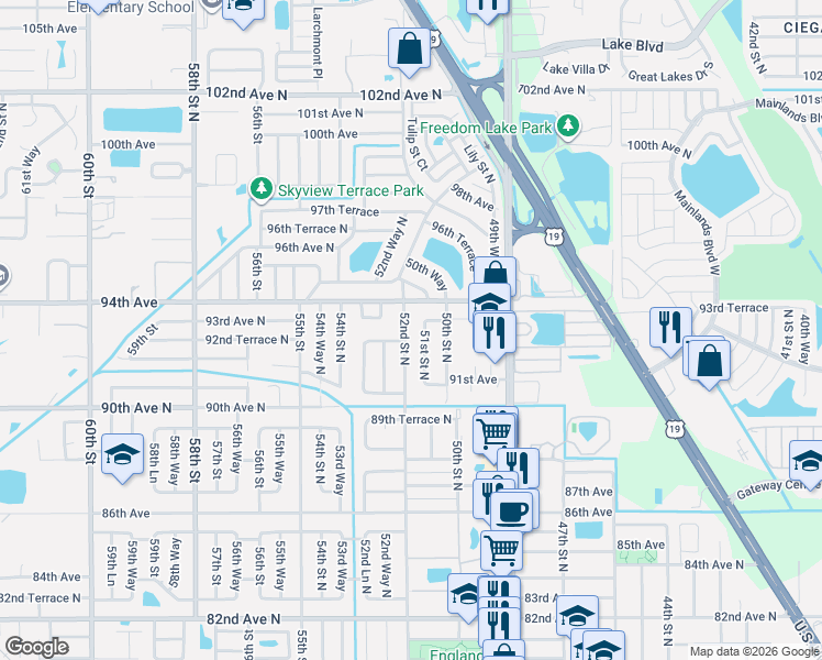 map of restaurants, bars, coffee shops, grocery stores, and more near 9285 52nd Street North in Pinellas Park