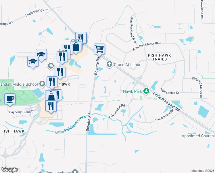 map of restaurants, bars, coffee shops, grocery stores, and more near 5709 Hawklake Road in Lithia