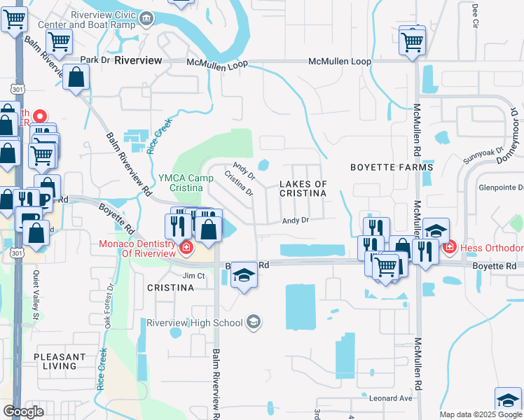 map of restaurants, bars, coffee shops, grocery stores, and more near 11212 Andy Drive in Riverview