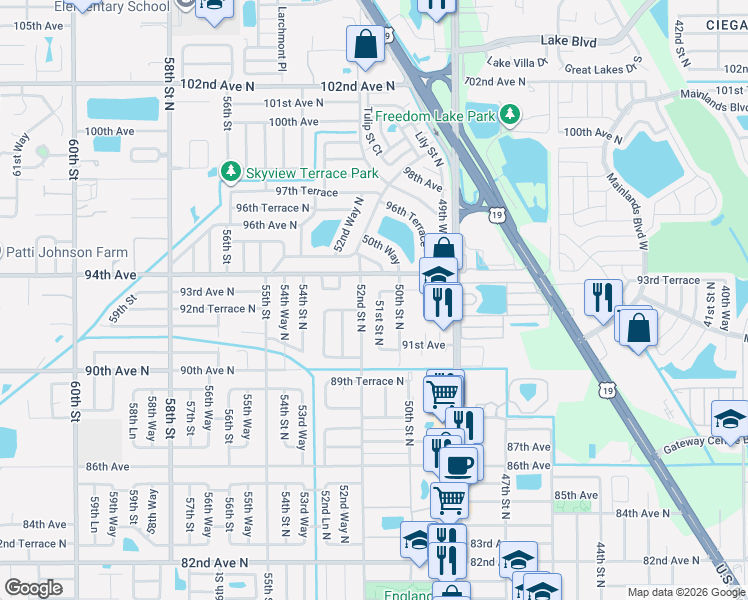 map of restaurants, bars, coffee shops, grocery stores, and more near 9272 51st Street North in Pinellas Park