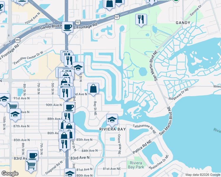 map of restaurants, bars, coffee shops, grocery stores, and more near 9265 Treasure Lane Northeast in St. Petersburg