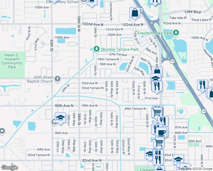 map of restaurants, bars, coffee shops, grocery stores, and more near 9264 55th Street in Pinellas Park