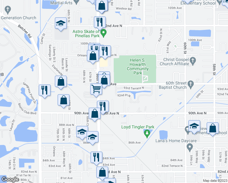map of restaurants, bars, coffee shops, grocery stores, and more near 301 92nd Place North in Pinellas Park