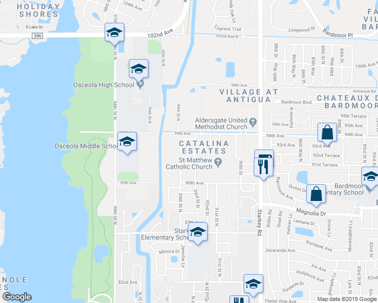 map of restaurants, bars, coffee shops, grocery stores, and more near 9333 92nd Avenue North in Seminole