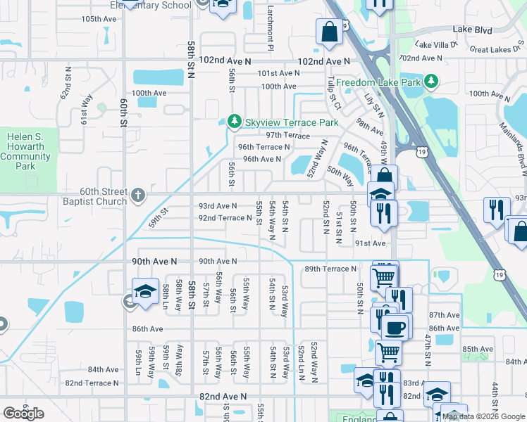 map of restaurants, bars, coffee shops, grocery stores, and more near 9264 55th Street in Pinellas Park