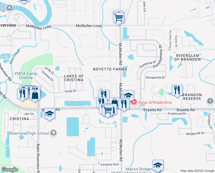 map of restaurants, bars, coffee shops, grocery stores, and more near 9825 White Barn Way in Riverview