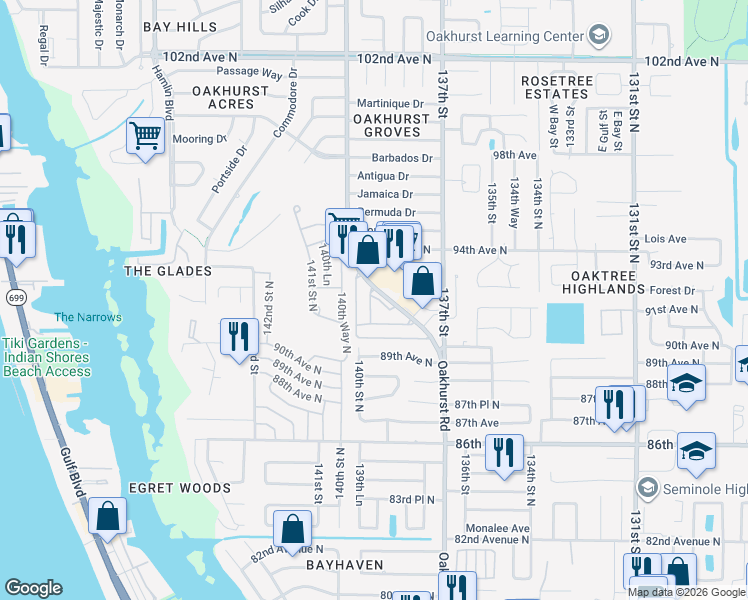 map of restaurants, bars, coffee shops, grocery stores, and more near 9142 Oakwood Lane in Seminole