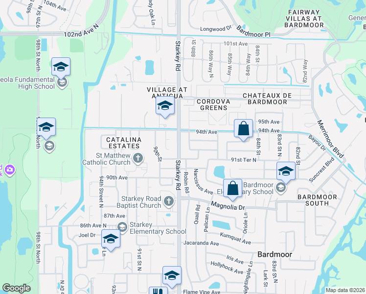 map of restaurants, bars, coffee shops, grocery stores, and more near 9264 Starkey Road in Seminole