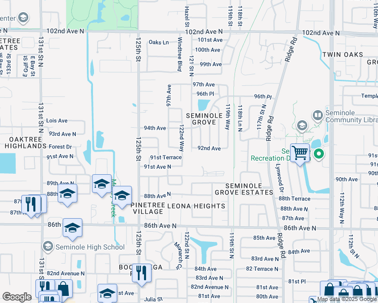 map of restaurants, bars, coffee shops, grocery stores, and more near 9214 121 Street North in Seminole