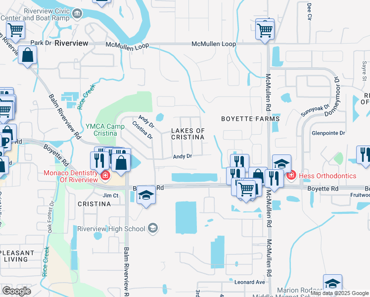 map of restaurants, bars, coffee shops, grocery stores, and more near 9824 La Vonda Street in Riverview