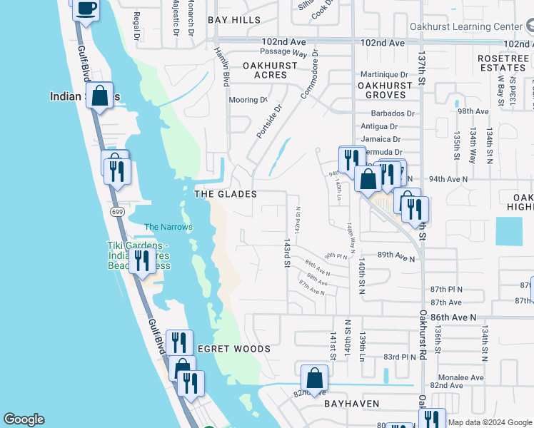 map of restaurants, bars, coffee shops, grocery stores, and more near 9237 143rd Lane in Seminole