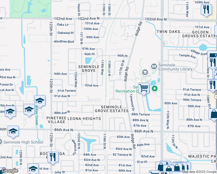 map of restaurants, bars, coffee shops, grocery stores, and more near 11884 91st Terrace in Seminole
