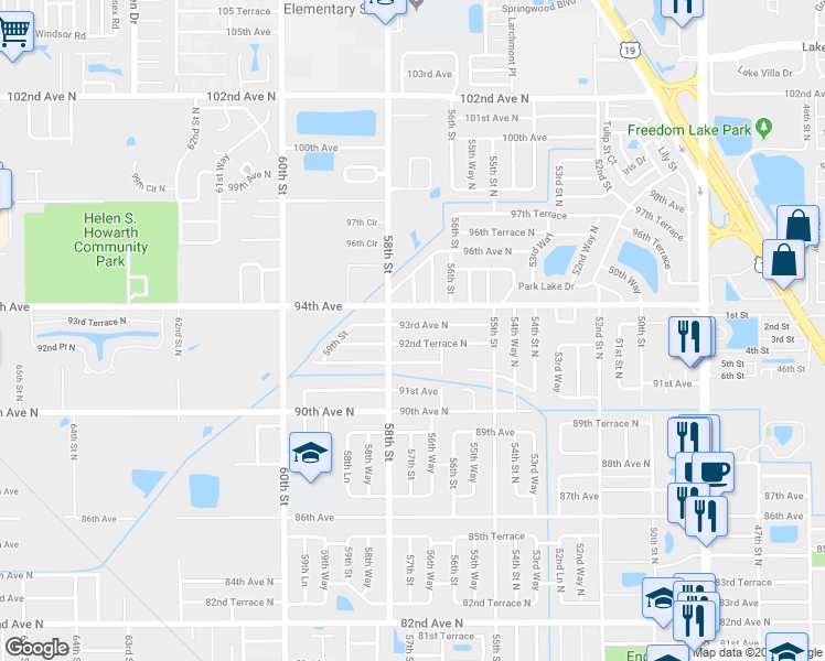 map of restaurants, bars, coffee shops, grocery stores, and more near 5700 93rd Avenue North in Pinellas Park