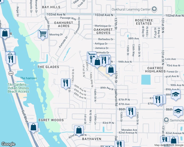 map of restaurants, bars, coffee shops, grocery stores, and more near 9157 140th Way in Seminole