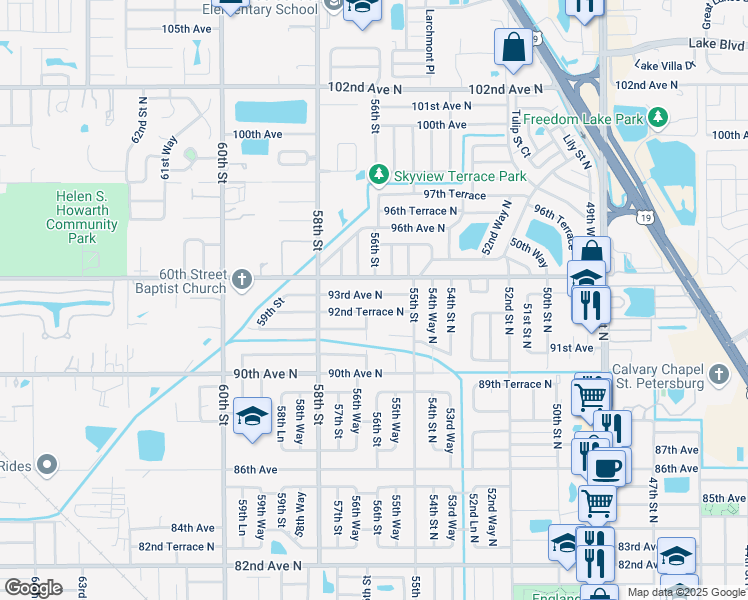 map of restaurants, bars, coffee shops, grocery stores, and more near 5570 93rd Avenue North in Pinellas Park