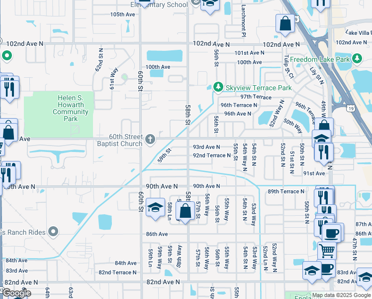 map of restaurants, bars, coffee shops, grocery stores, and more near 5836 93rd Avenue North in Pinellas Park