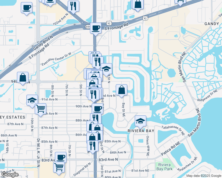 map of restaurants, bars, coffee shops, grocery stores, and more near 9255 2nd Street North in St. Petersburg