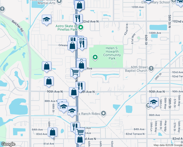map of restaurants, bars, coffee shops, grocery stores, and more near 6438 93rd Terrace in Pinellas Park