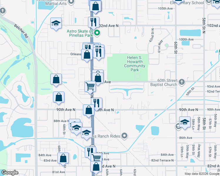 map of restaurants, bars, coffee shops, grocery stores, and more near 301 92nd Place North in Pinellas Park