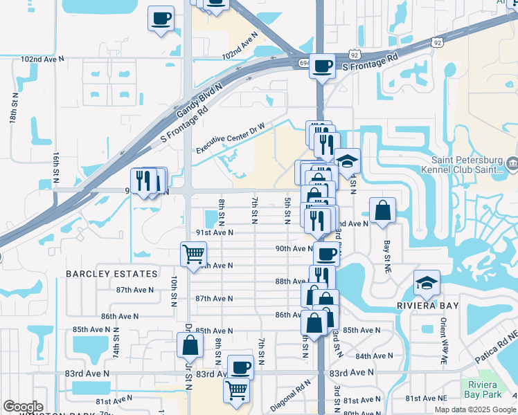 map of restaurants, bars, coffee shops, grocery stores, and more near 638 93rd Avenue North in Saint Petersburg