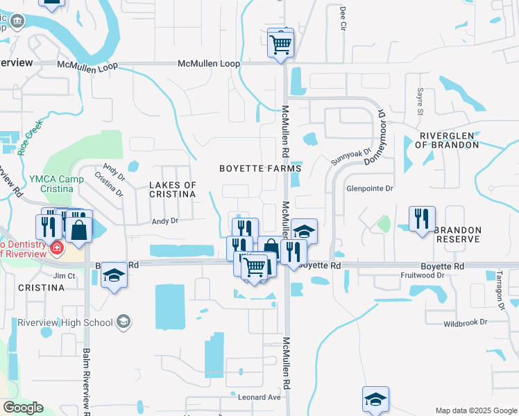 map of restaurants, bars, coffee shops, grocery stores, and more near 9828 White Barn Way in Riverview
