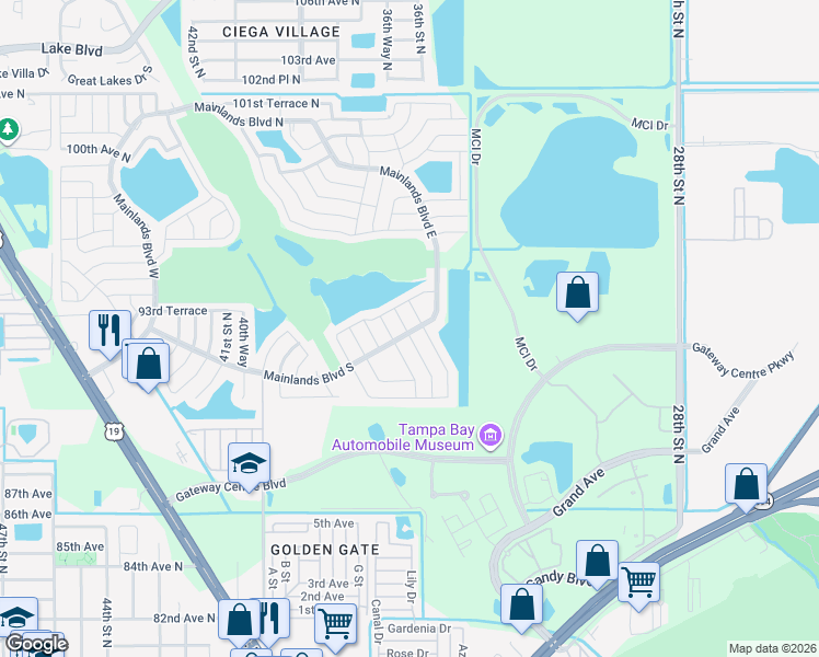 map of restaurants, bars, coffee shops, grocery stores, and more near 9190 34th Way North in Pinellas Park