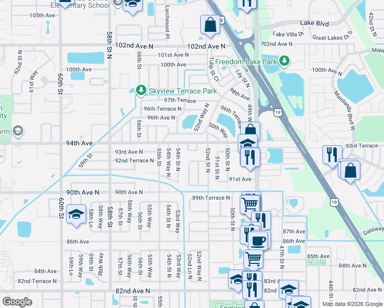 map of restaurants, bars, coffee shops, grocery stores, and more near 9346 52nd Way North in Pinellas Park