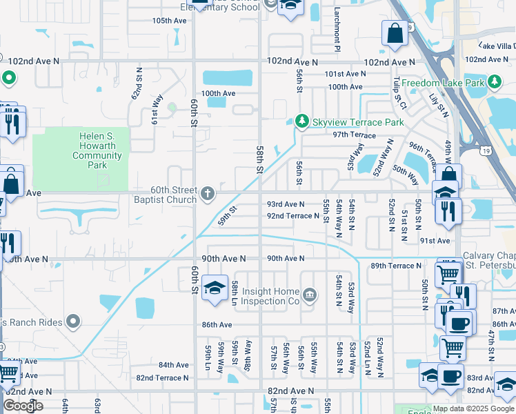 map of restaurants, bars, coffee shops, grocery stores, and more near 5836 93rd Avenue North in Pinellas Park