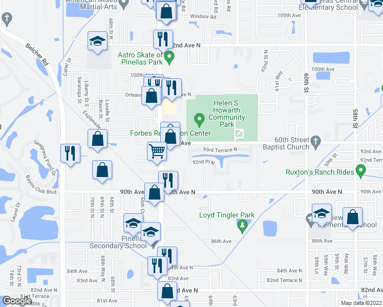 map of restaurants, bars, coffee shops, grocery stores, and more near 301 92nd Place North in Pinellas Park