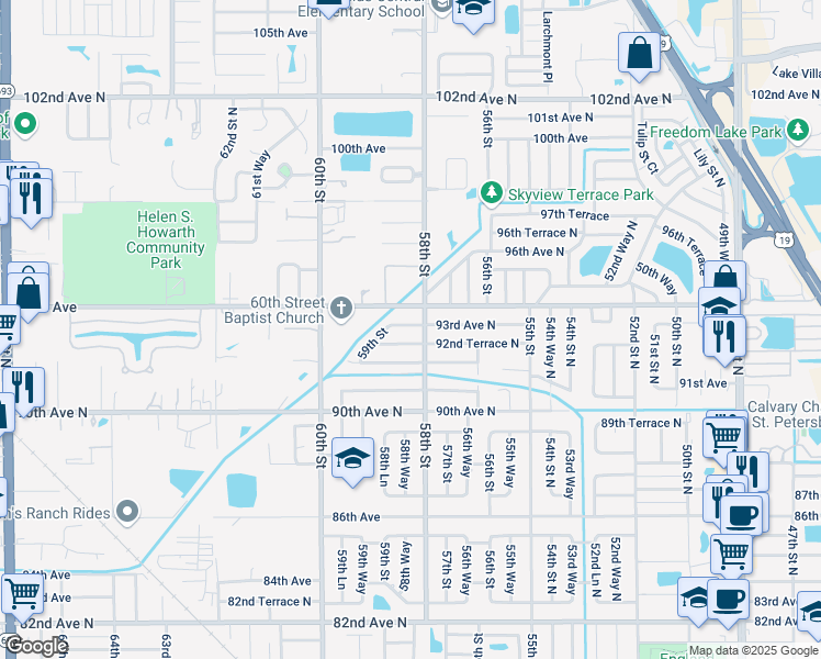 map of restaurants, bars, coffee shops, grocery stores, and more near 5836 93rd Avenue North in Pinellas Park