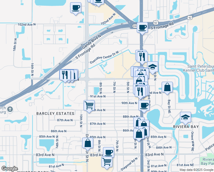 map of restaurants, bars, coffee shops, grocery stores, and more near 750 93rd Ave N in St Petersburg