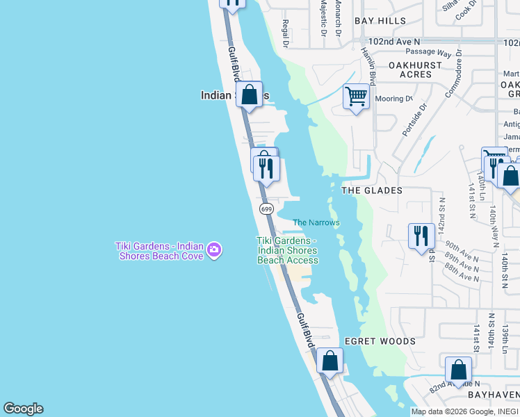 map of restaurants, bars, coffee shops, grocery stores, and more near 19636 Gulf Boulevard in Indian Shores