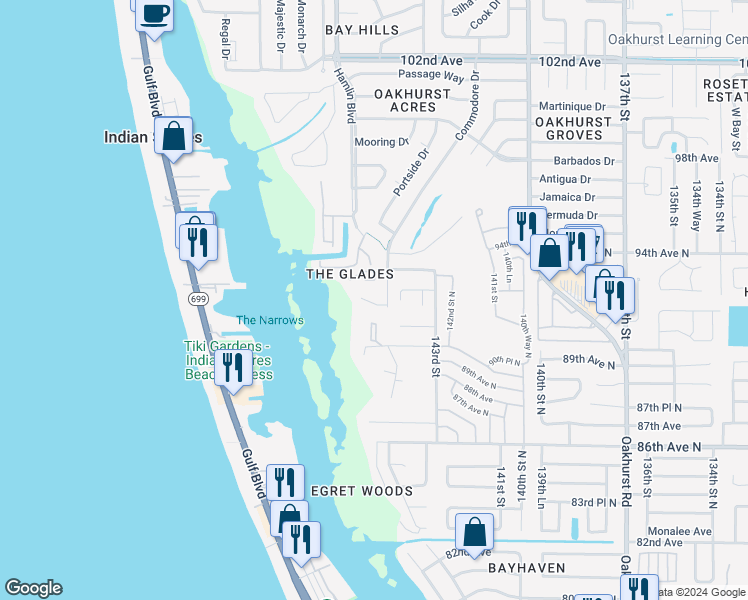map of restaurants, bars, coffee shops, grocery stores, and more near 14495 Red Bird Court in Seminole