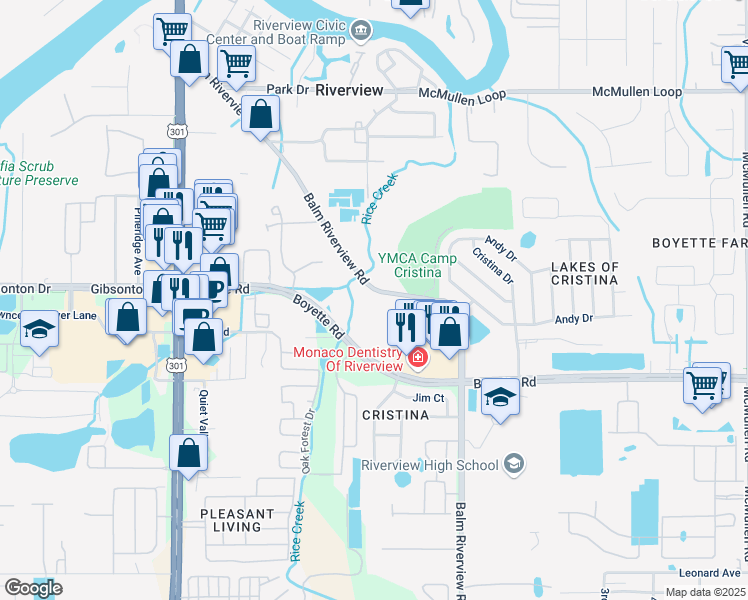 map of restaurants, bars, coffee shops, grocery stores, and more near 9840 Lychee Loop in Riverview