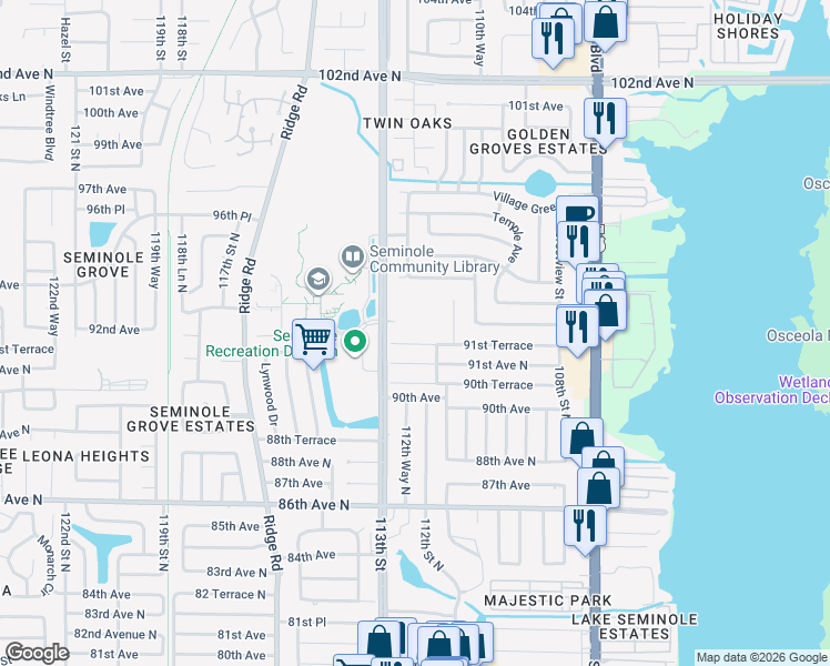 map of restaurants, bars, coffee shops, grocery stores, and more near 9199 113th Street in Seminole